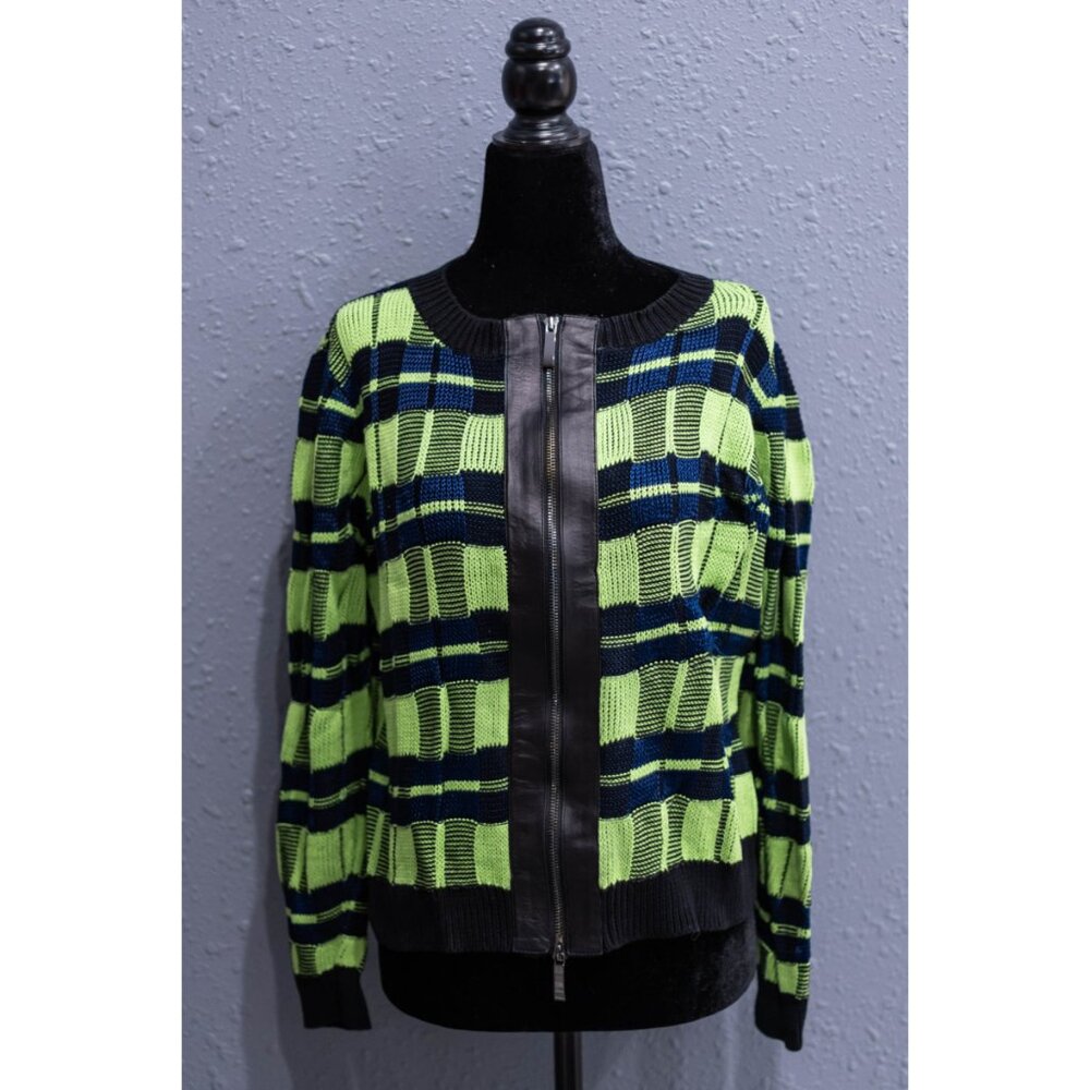 Rondina New York Zip Up Sweater with Faux Leather Accents, Size Large